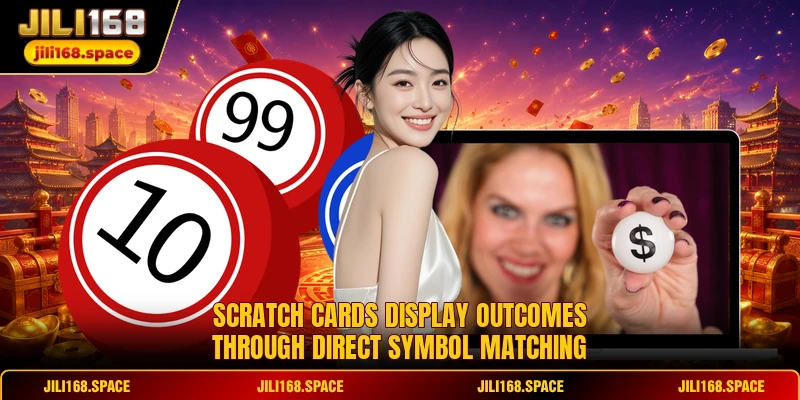 Scratch cards display outcomes through direct symbol matching